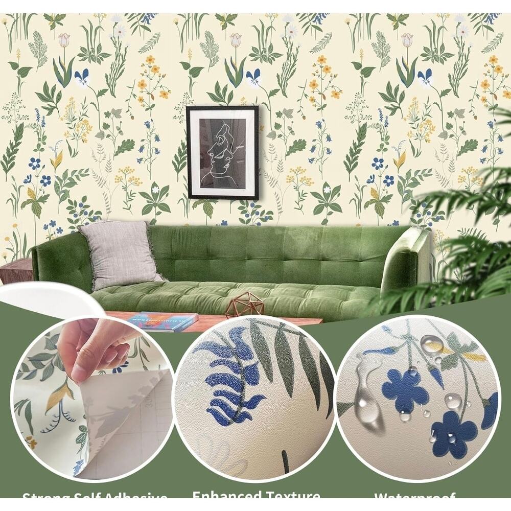 Floral Peel & Stick Wallpaper Beige 17.5 x 394 In Peel Off Renter Friendly s25 - Picture 3 of 7